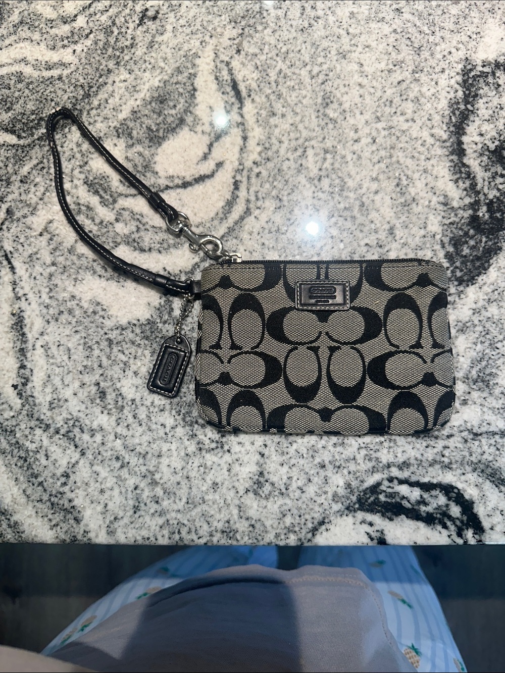 Coach Black & Tan Signature Canvas Wristlet with Leather Strap